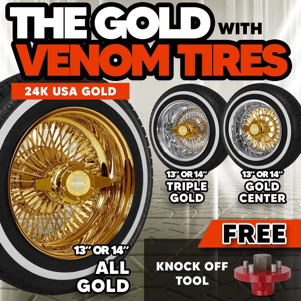 [Sale] 13" Or 14" 4Pc The Gold With Venom Tires + Free Knock Off Tool 1