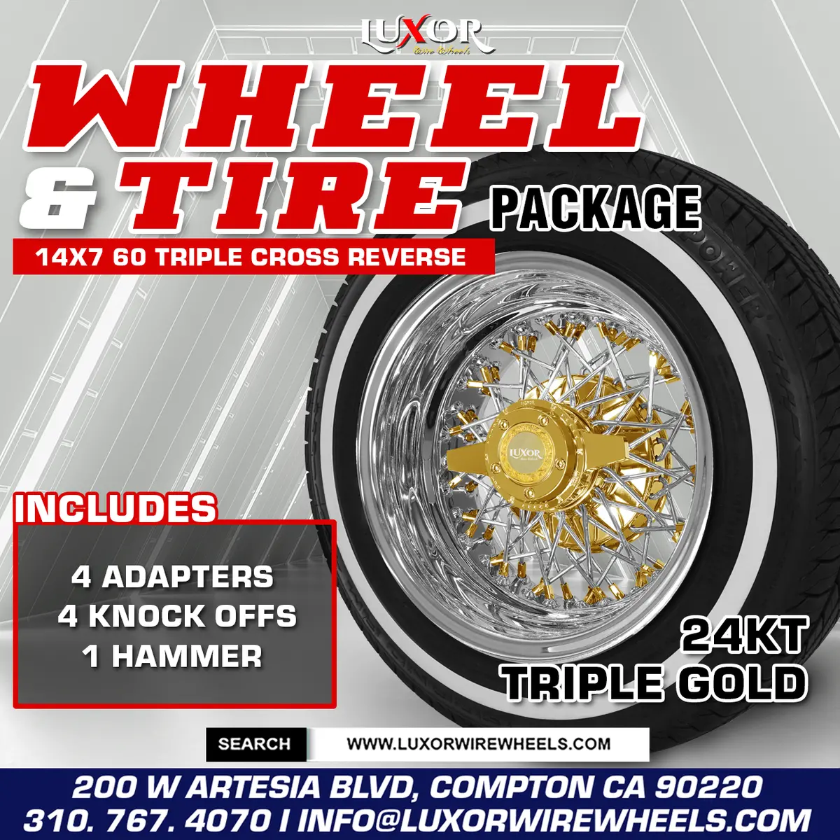 [Sale] 4Pc 14X7 60 Triple Cross Lace Reverse 24K Triple Gold Wheel Set With Free Tires 1