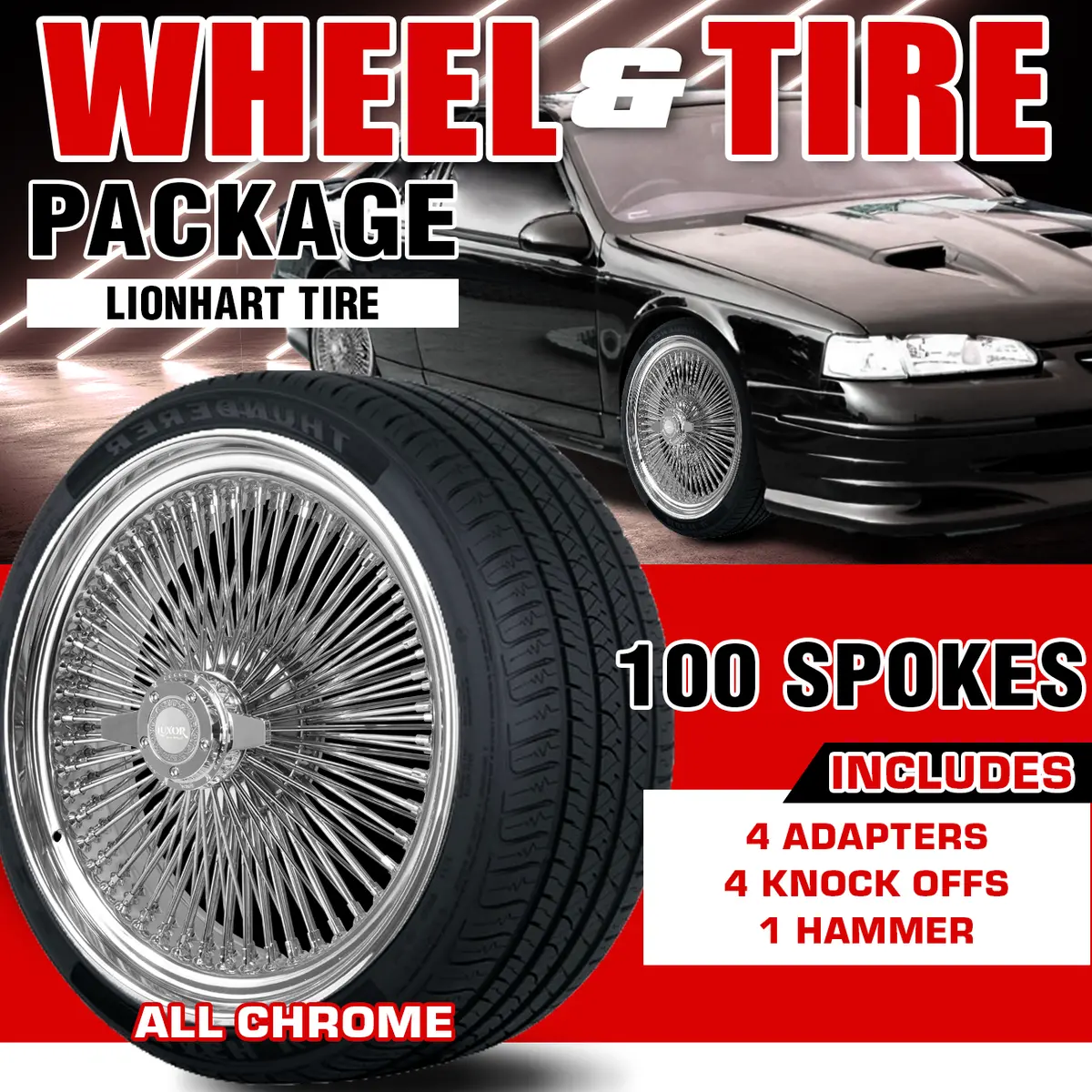 [Sale] 4Pc 17X8 100 Straight Lace Standard Chrome Wheel Set With Lionhart Tires 1