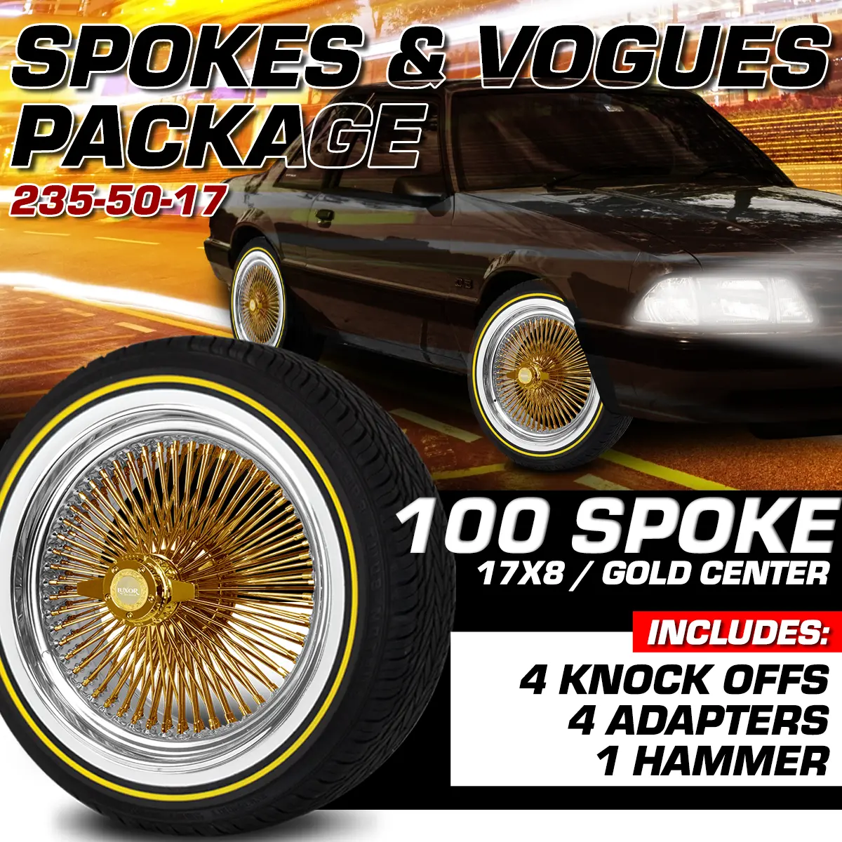 [Sale] 4Pc 17X8 100 Straight Lace Standard Gold Center Wheel Set With Vogues Tires 1