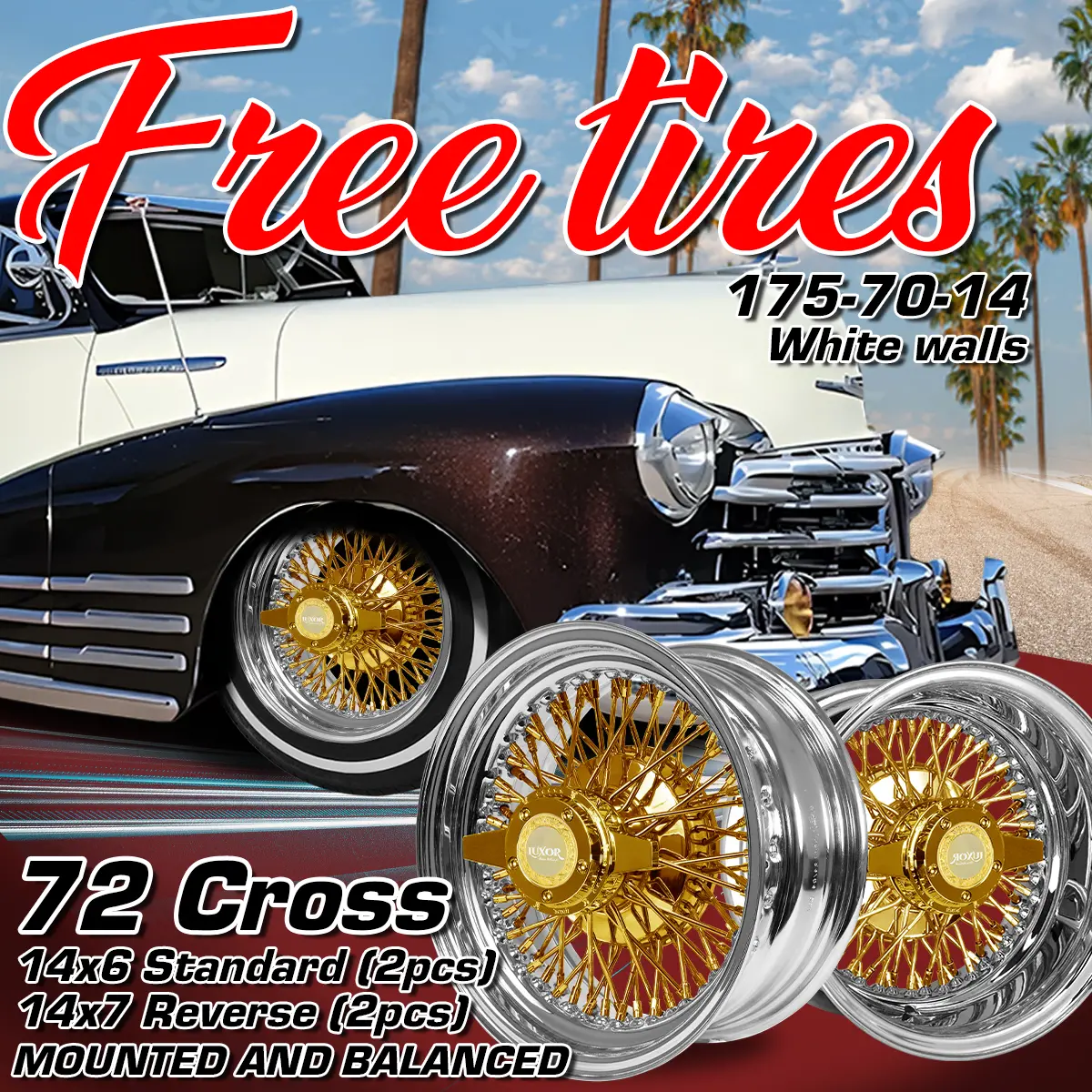 [Sale] Staggered 14X6 Standard / 14X7 Reverse 72-Spoke Cross Lace Gold Center Wheel Set (4-Piece) + Free White Wall Tires 1