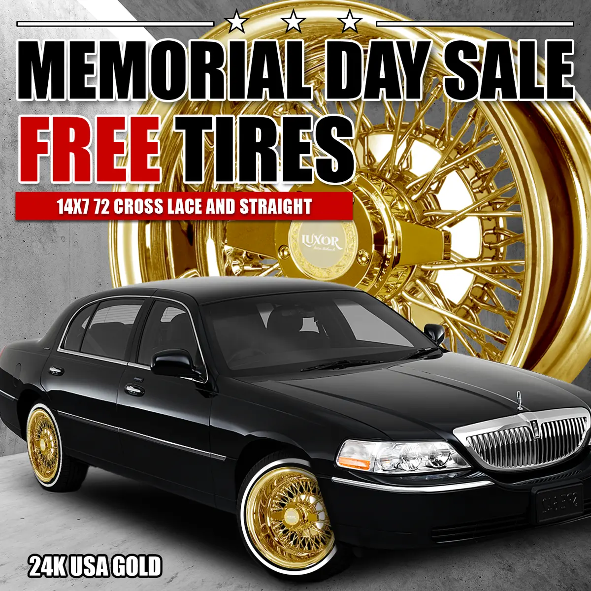[Sale] 14X7" 4Pc 72 Spoke Cross Or Straight Lace Reverse All 24K Gold Finish Free Tires 1