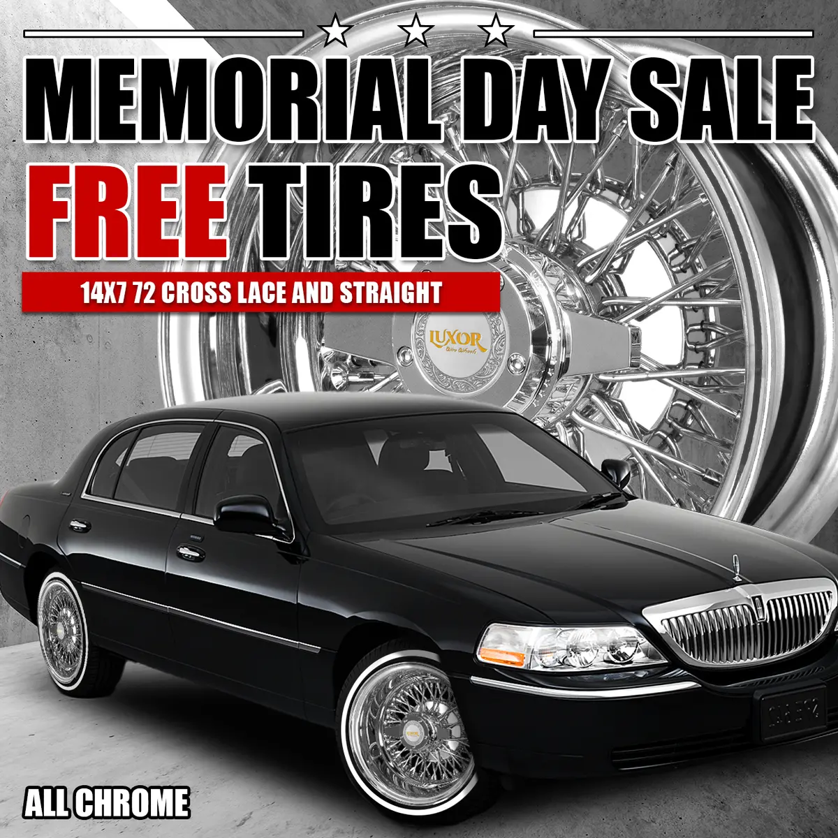 [Sale] 14X7" 4Pc 72 Spoke Cross Or Straight Lace Reverse Chrome Finish Free Tires 1