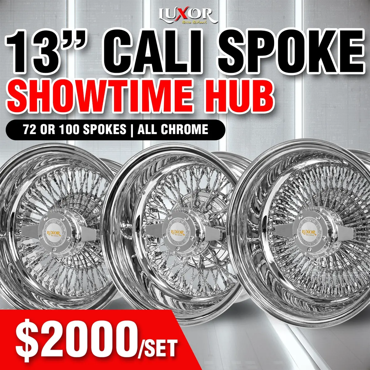 4Pc 13" Cali Spoke Showtime Hub 72 Or 100 Spokes Reverse All Chrome 1