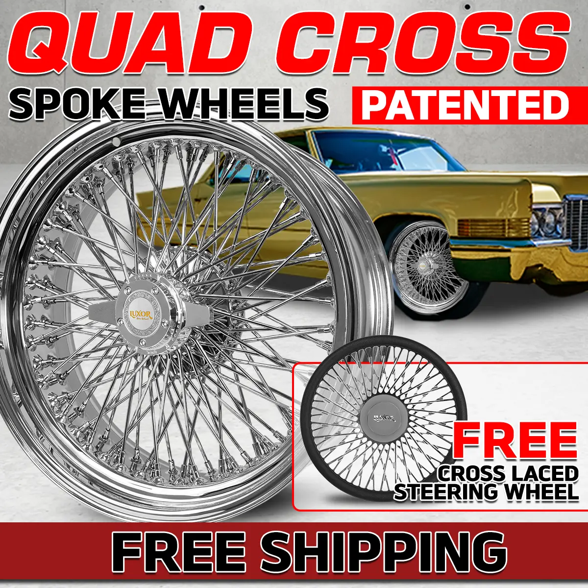 [Sale] 4Pc 20X8 96 Quad Cross Lace Standard Chrome + Free Cross Laced Steering Wheel 1