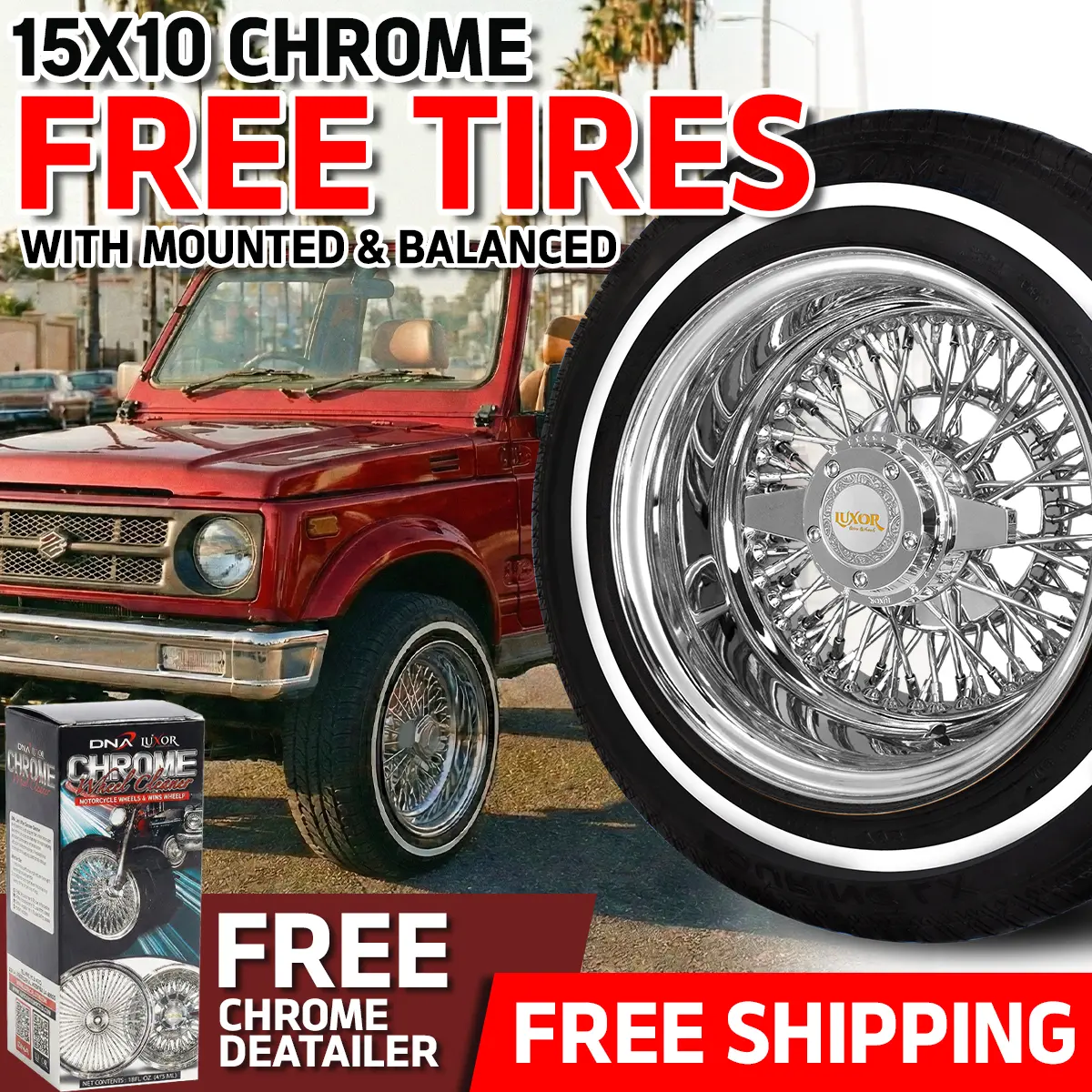 [Sale] 4Pc 15X10 100 Straight Lace Reverse Chrome Wheel Set With Free Tires & Chrome Detailer 1
