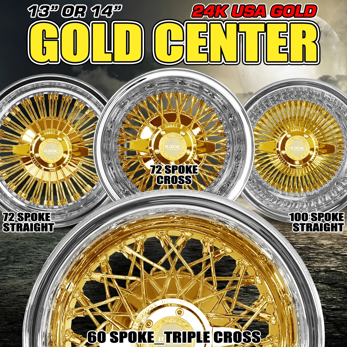 [Sale] 4Pc 13"–14" Wheels – Gold Center | 72 Straight/Closs | 100 Straight | 60 Triple Cross 1