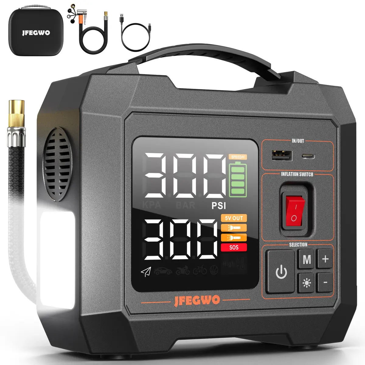 Jfegwo Air 5-300 Tire Inflator Portable Air Compressor 150Psi Black 1