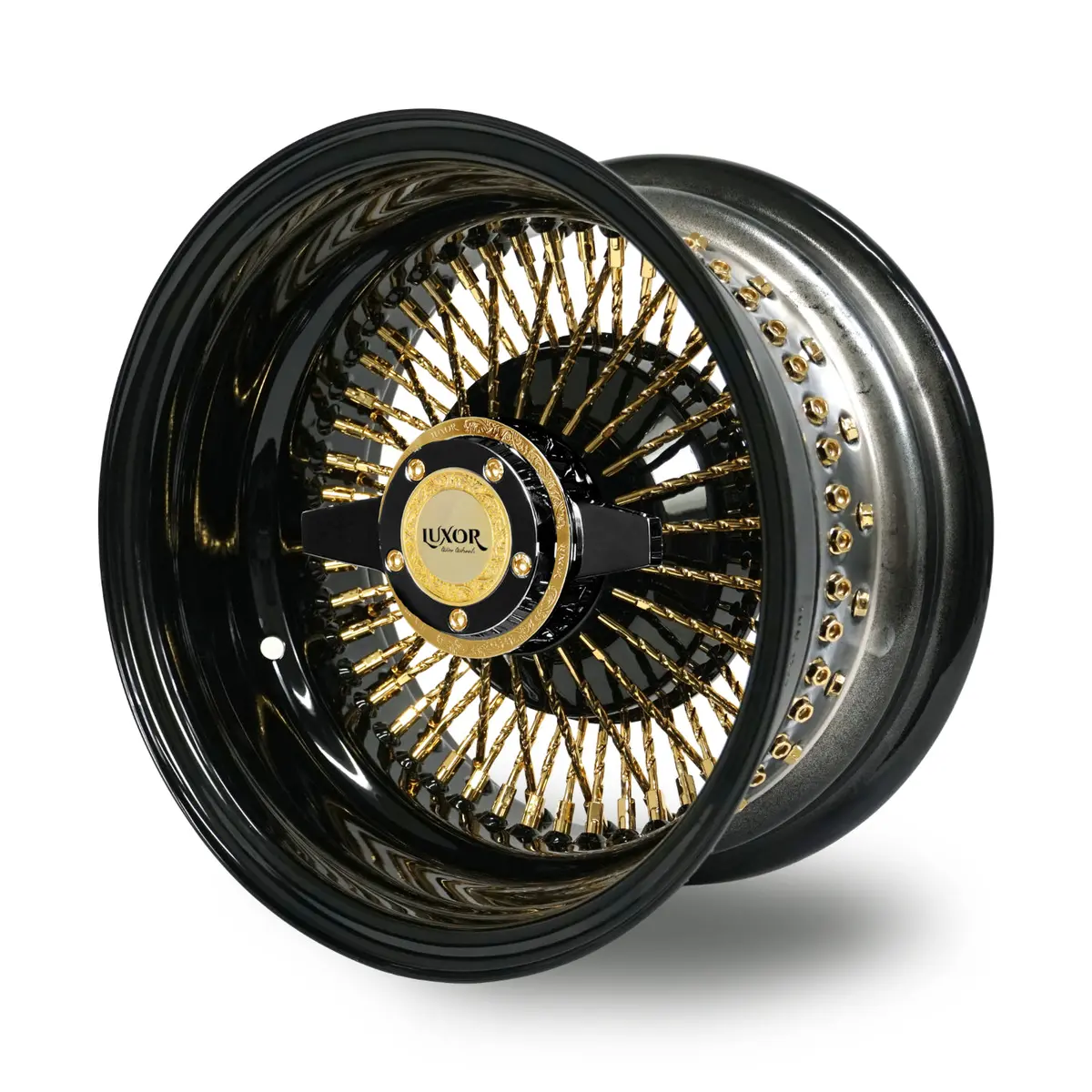 4Pc 13X7" 72 Cali Spoke Straight Reverse Wire Wheels – Black & Gold Powder Coat 1
