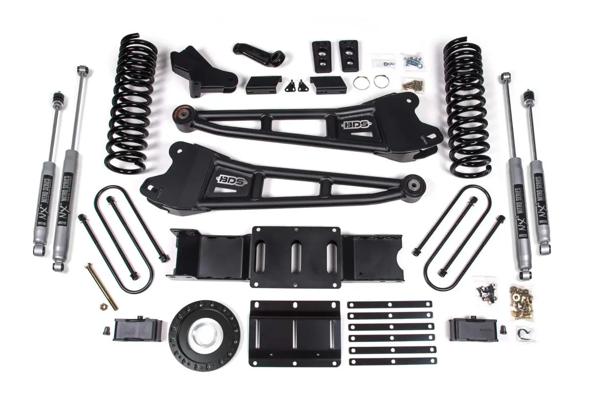 4 Inch Lift Kit W/ Radius Arm 2 Inch Rear Block Ram 3500 19-24 4Wd Diesel With Factory Rear Overload Leaf 6 Bolt Fox 2.0 Performance Shocks 1