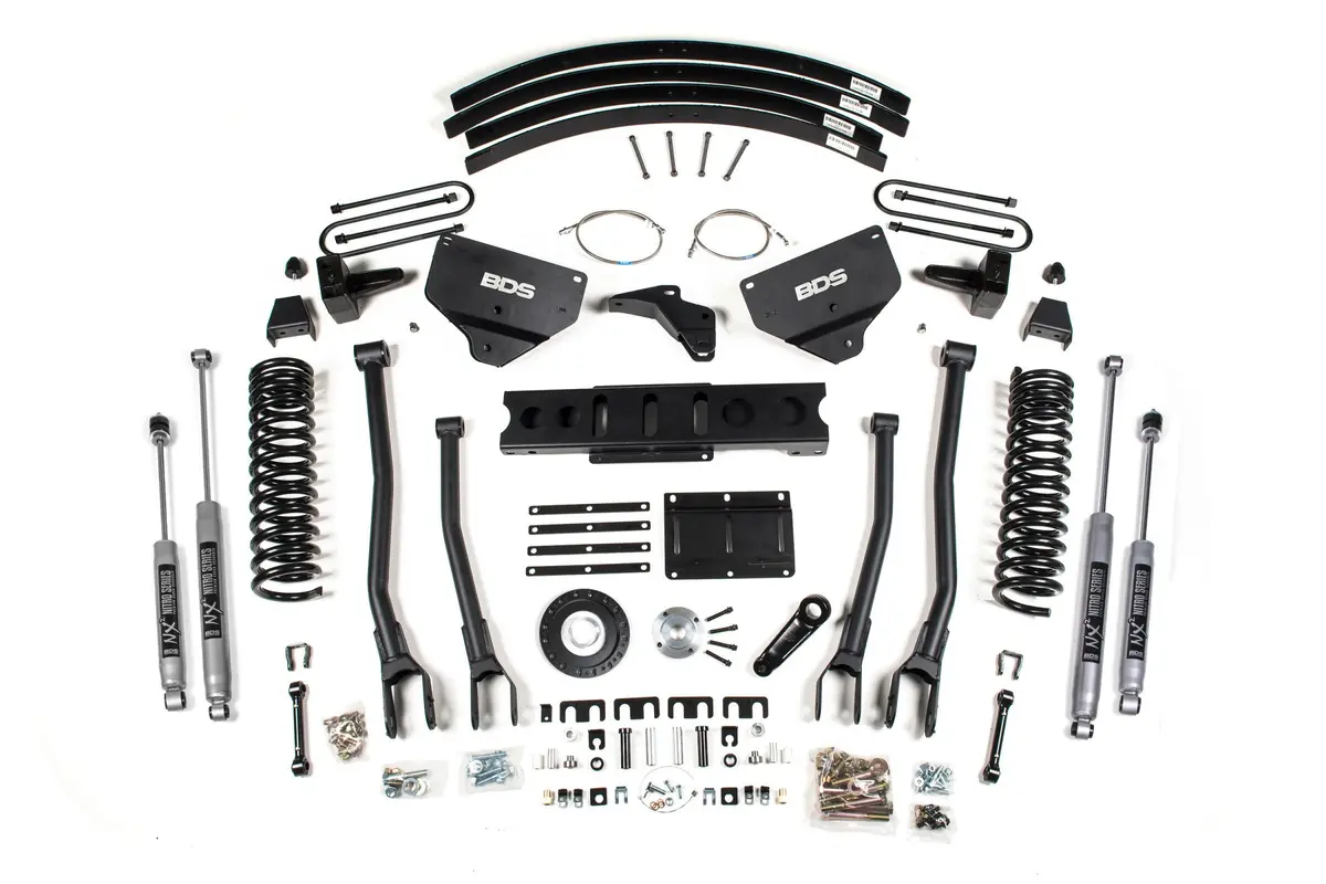 8 Inch Lift Kit W/ 4-Link Ram 3500 13-18 4Wd Diesel Rear Leaf Springs 8 Bolt Indexing Ring Fox 2.0 Performance Shocks 1