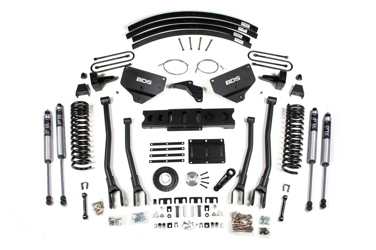 8 Inch Lift Kit W/ 4-Link Ram 3500 13-18 4Wd Diesel 5 Inch Block Add A Leaf 8 Bolt Indexing Ring Fox 2.0 Performance Shocks 1