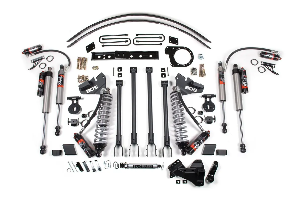 6 Inch Lift Kit W/ 4-Link Fox 2.5 Performance Elite Coil-Over Conversion Ford F250/F350 Super Duty 17-19 4Wd Diesel Block Kit And Add A Leaf Fox 2.5 Performance Elite Shoces 1
