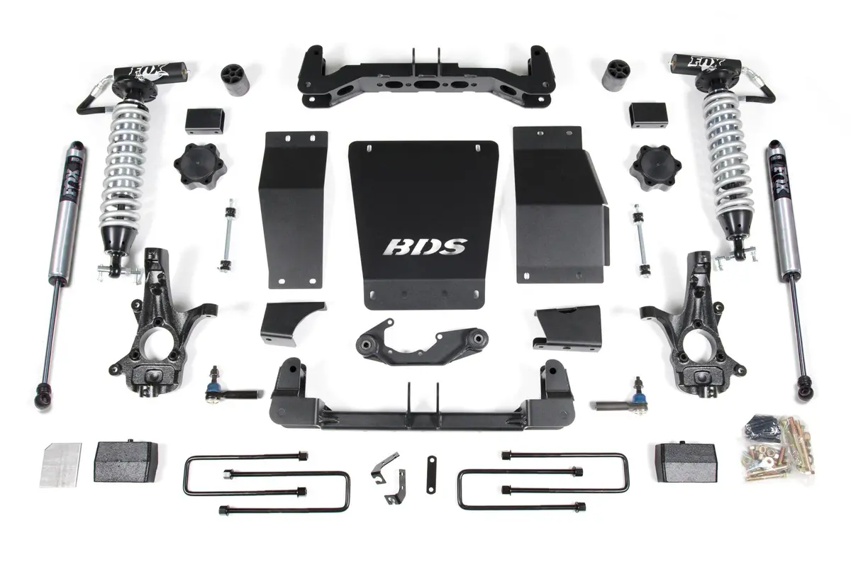 4 Inch Lift Kit Fox 2.5 Coil-Over Silverado/Sierra 1500 14-18 4Wd Block Kit Cast Steel Control Arm Fox 2.5 Performance Shocks 1