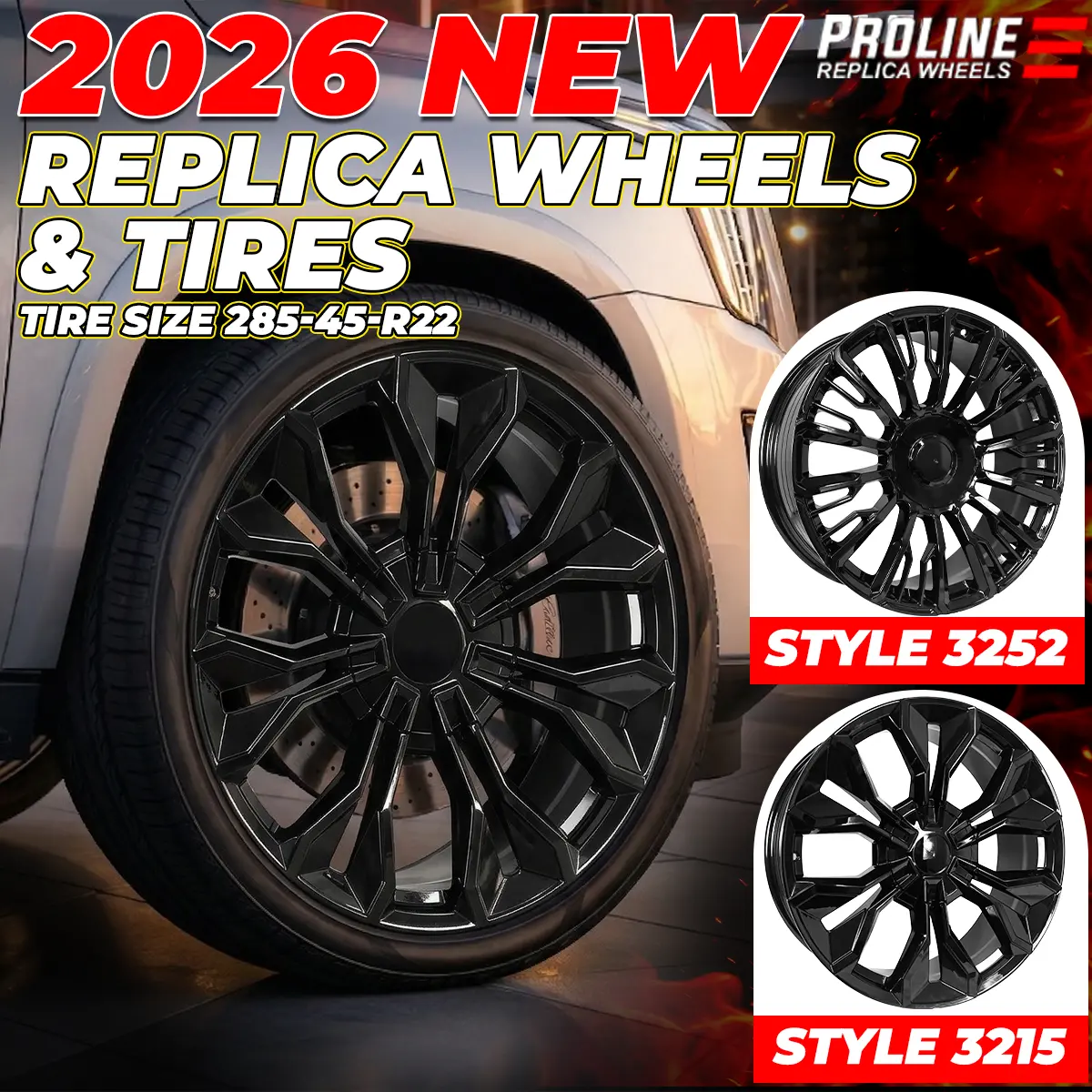4Pc Replica Wheel Set Style #3252 / #3215 – Gloss Black 22X9 With Tires 1