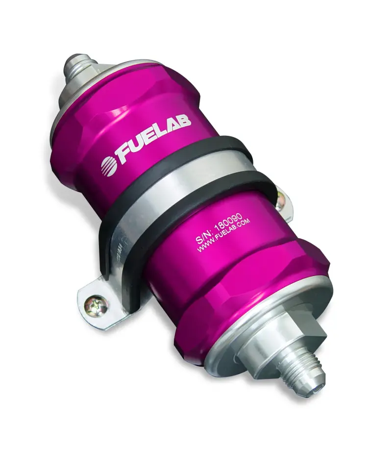 Fuelab 848 Stainless In-Line Fuel Filter: -12 An In / -8 An Out, 40-Micron W/ Check Valve (Purple) 1