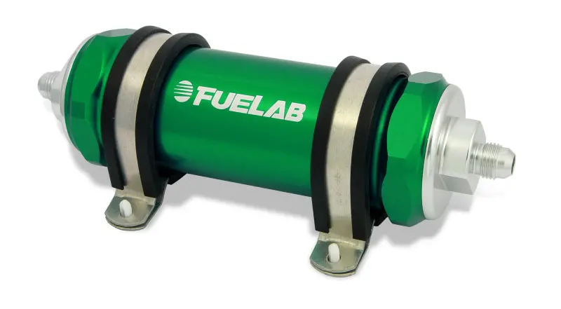 Fuelab Inline Fuel Filter – Long Body, -6An Inlet / -12An Outlet, 100-Micron Stainless Steel, Green Housing 1