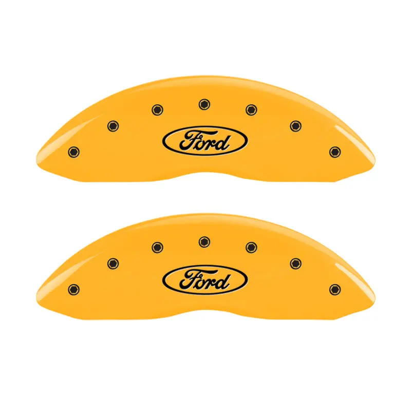 Mgp Engraved 4-Piece Caliper Cover Set – Oval Logo Design, Ford Yellow Finish On Black Chrome 1