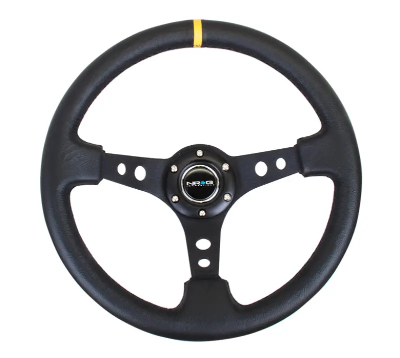 Nrg Reinforced 350Mm Black Leather Steering Wheel With Black Cutout Spoke And Yellow Center Mark 1