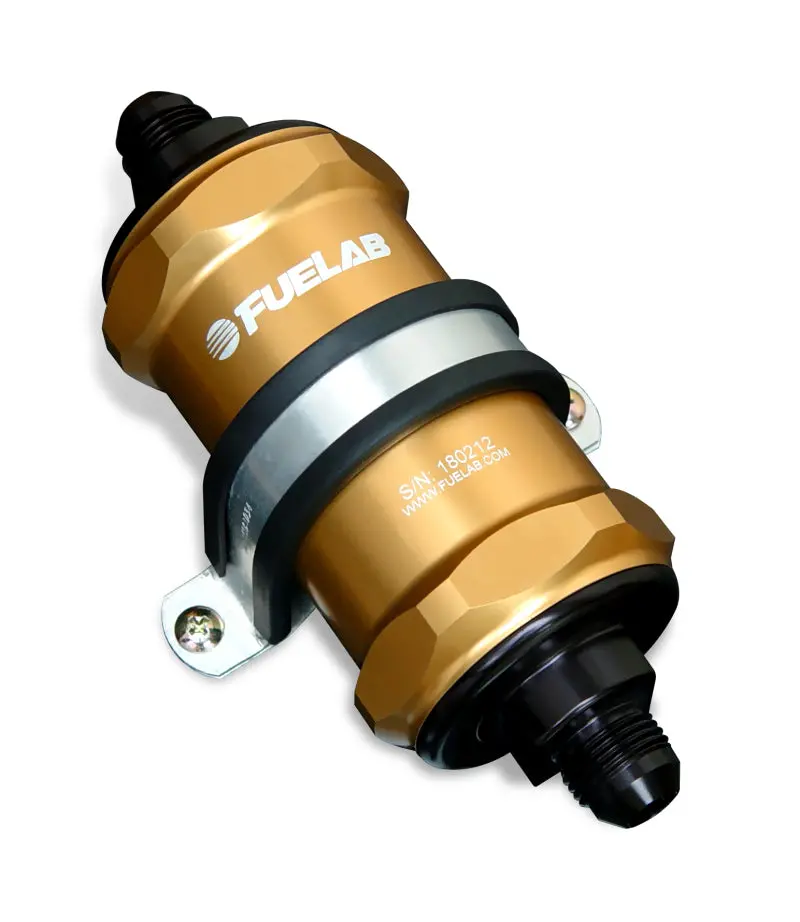 Fuelab 818 Inline Fuel Filter – -10An Inlet / -6An Outlet, 40-Micron Stainless Steel, Gold Finish 1