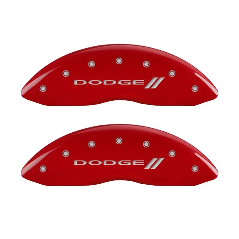 Mgp Engraved 4-Piston Caliper Covers – Front & Rear, Dodge Red Finish With Silver Stripes 1