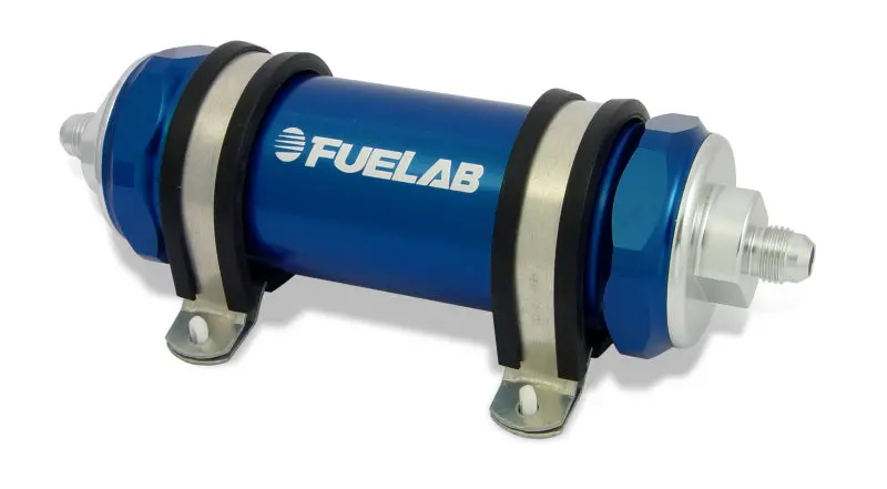 Fuelab 858 In-Line Fuel Filter Long -8An In/-10An Out 6 Micron Fiberglass W/Check Valve - Blue 1