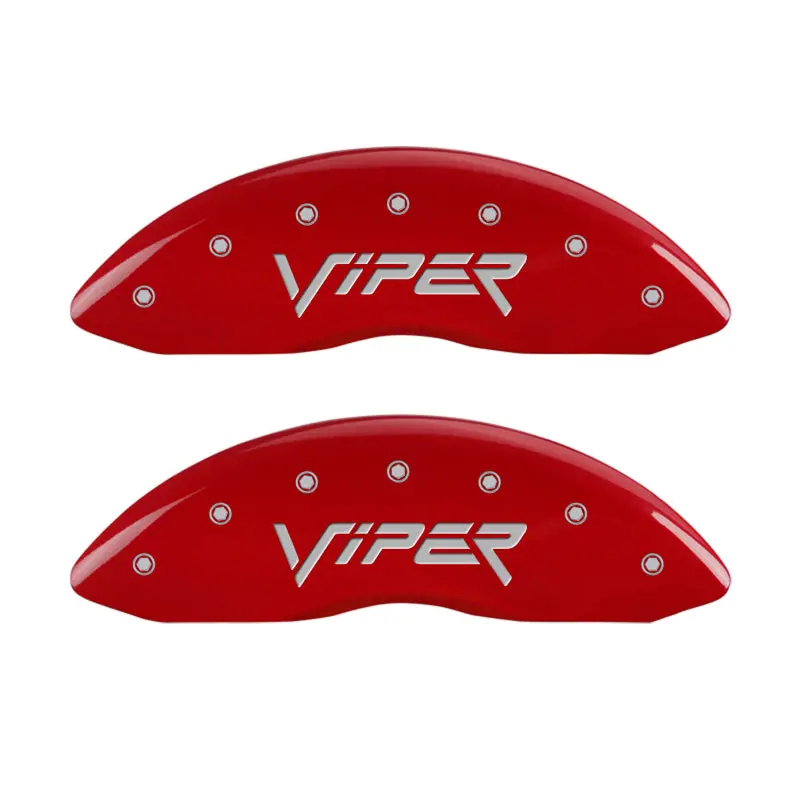 Mgp Engraved 4-Piece Caliper Cover Set – Front Gen 2/Viper & Rear Gen 2/Snake Design, Red Finish On Silver Chrome 1