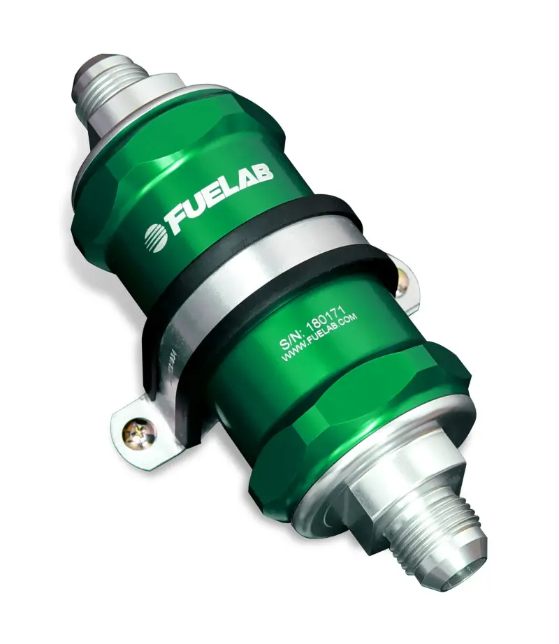 Fuelab 848 Inline Fuel Filter – 10-Micron Fabric Element With Integrated Check Valve, -12An In / -8An Out, Green Housing 1