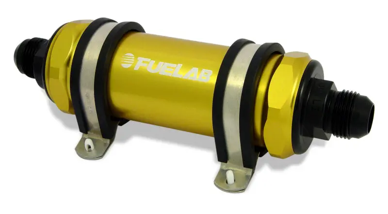 Fuelab 858 Inline Fuel Filter – -12An Inlet / -8An Outlet, 6-Micron Fiberglass Element With Integrated Check Valve (Gold Housing) 1