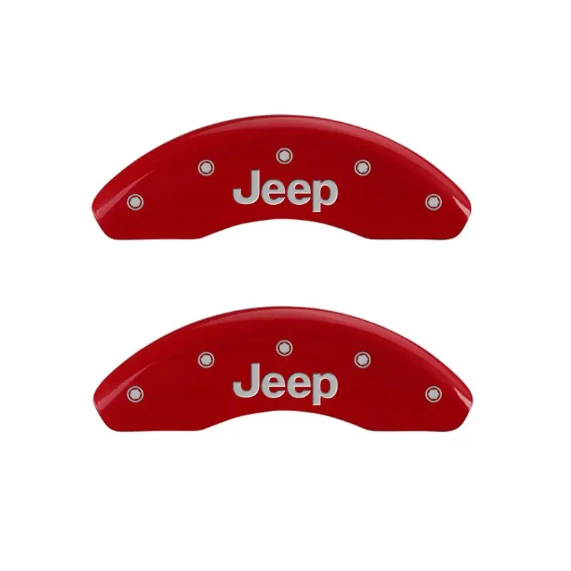 Mgp Custom Caliper Covers – Front Engraved 'Jeep', Rear Featuring Jeep Grill Logo, Red Finish With Silver Chrome Trim 1