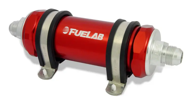 Fuelab 828 Inline Fuel Filter – Long Body, -12An Inlet / -6An Outlet, 100-Micron Stainless Steel Element, Red Housing 1